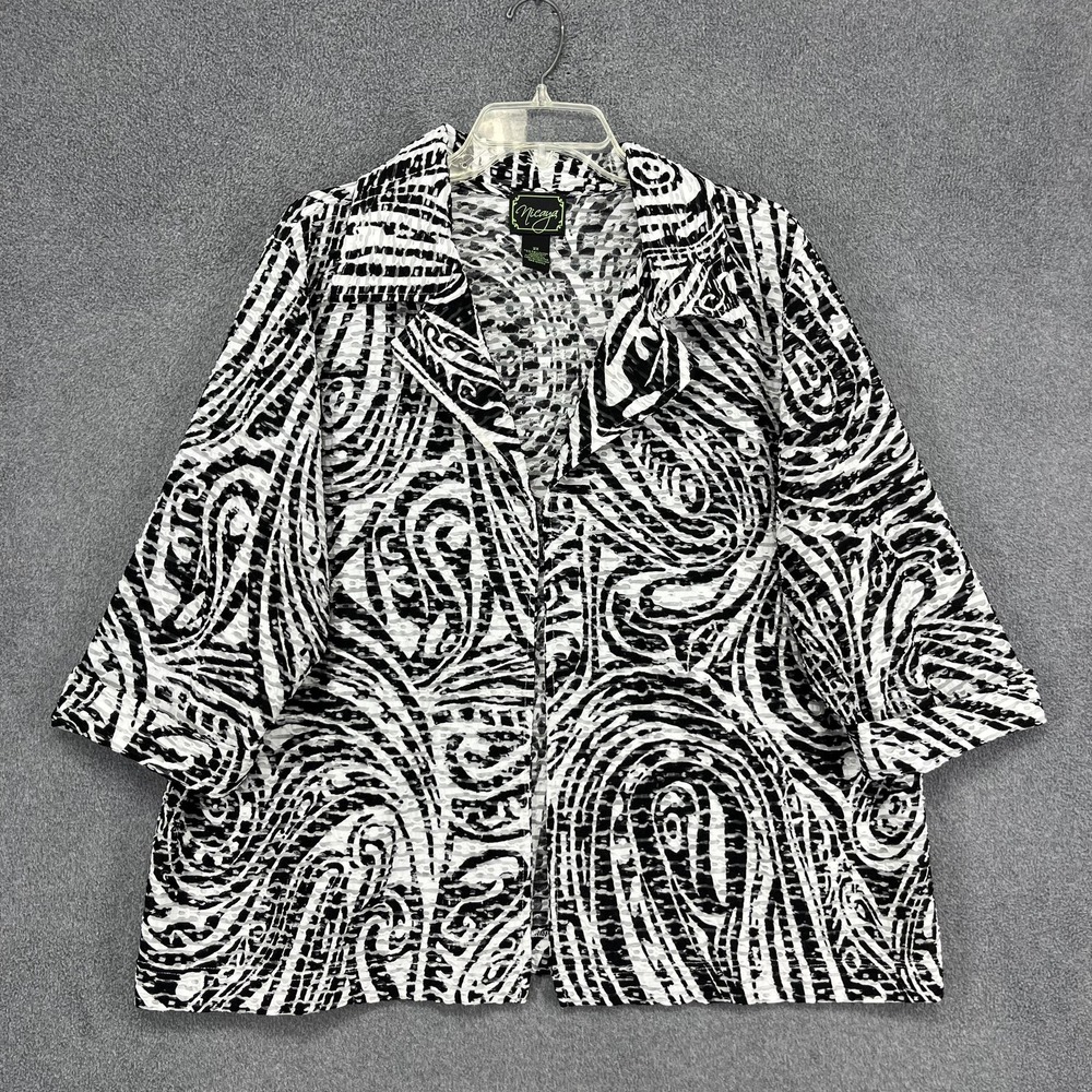 Nicaya Top Womens 2X Black White Crinkle Burnout Open‎ Front 3/4 Sleeve cardigan